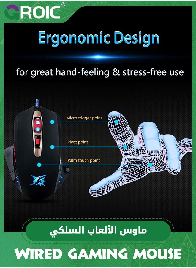 Black Wired Gaming Mouse for Laptop Computer, Gamer USB PC Mouse Ergonomic Mice with 7 LED Backlight, 4 Adjustable DPI Up to 3200, Big Hands Mouse with 6 Buttons for Windows Mac Game Work