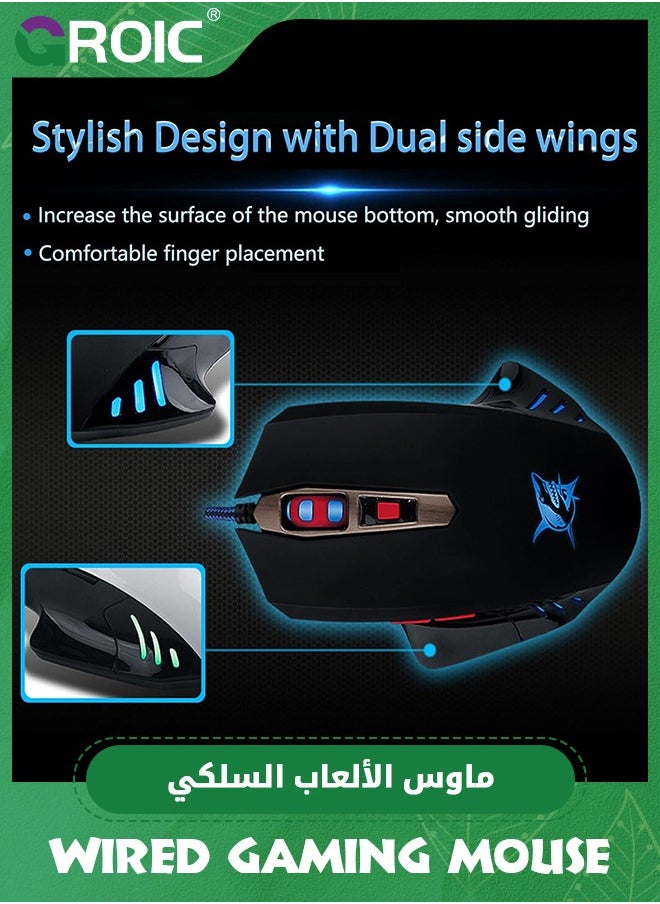 Black Wired Gaming Mouse for Laptop Computer, Gamer USB PC Mouse Ergonomic Mice with 7 LED Backlight, 4 Adjustable DPI Up to 3200, Big Hands Mouse with 6 Buttons for Windows Mac Game Work