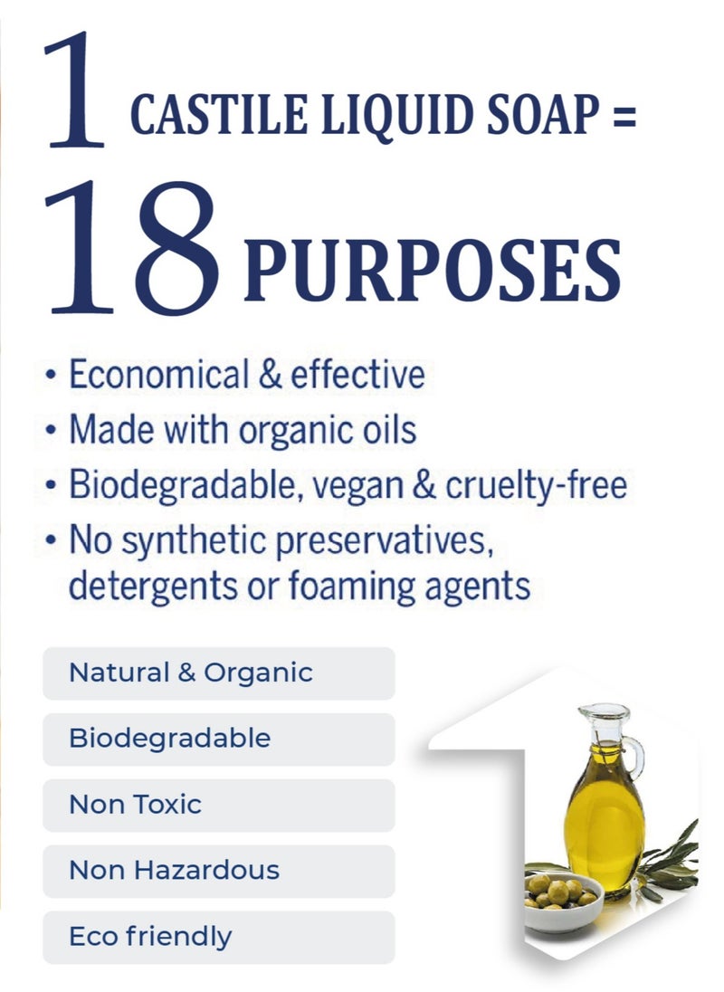 Bionatura Organic,Pure Castile Liquid Soap - 100% Natural, Made with Organic Oils, 18-in-1 Uses: Face, Body, Hair, Laundry, Pets and Dishes, Concentrated, Vegan, Non-GMO,Non Toxic