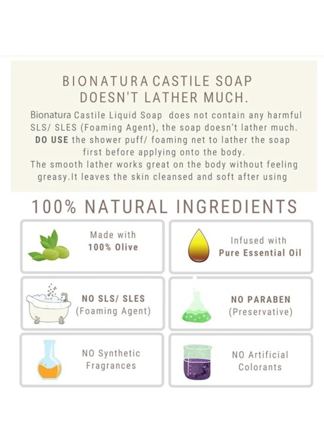 Bionatura Organic,Pure Castile Liquid Soap - 100% Natural, Made with Organic Oils, 18-in-1 Uses: Face, Body, Hair, Laundry, Pets and Dishes, Concentrated, Vegan, Non-GMO,Non Toxic
