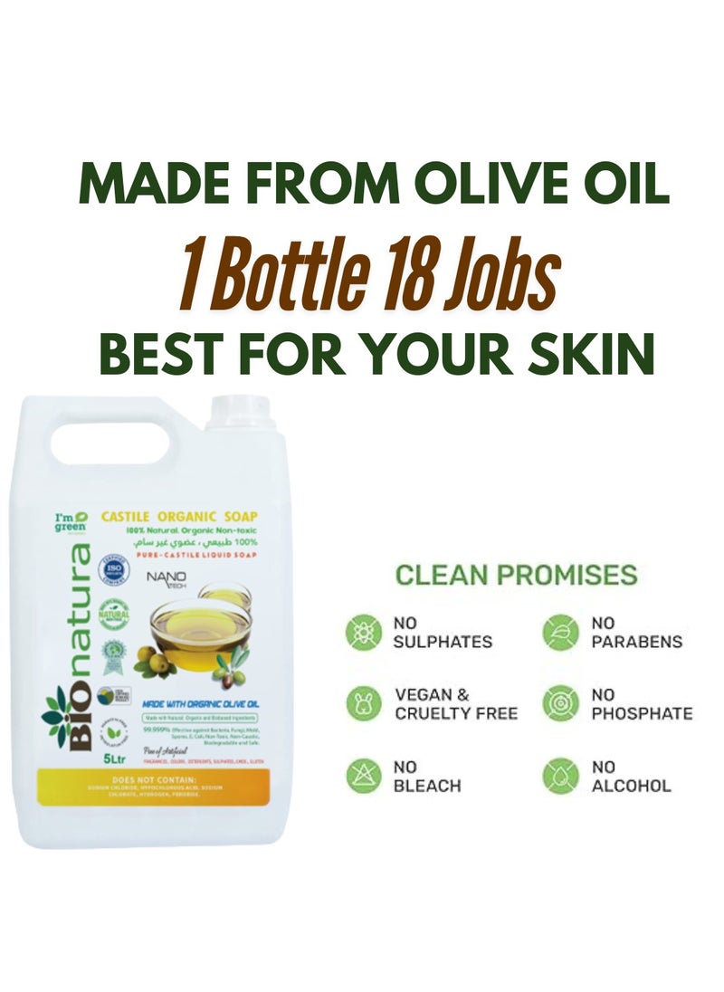 Bionatura Organic,Pure Castile Liquid Soap - 100% Natural, Made with Organic Oils, 18-in-1 Uses: Face, Body, Hair, Laundry, Pets and Dishes, Concentrated, Vegan, Non-GMO,Non Toxic
