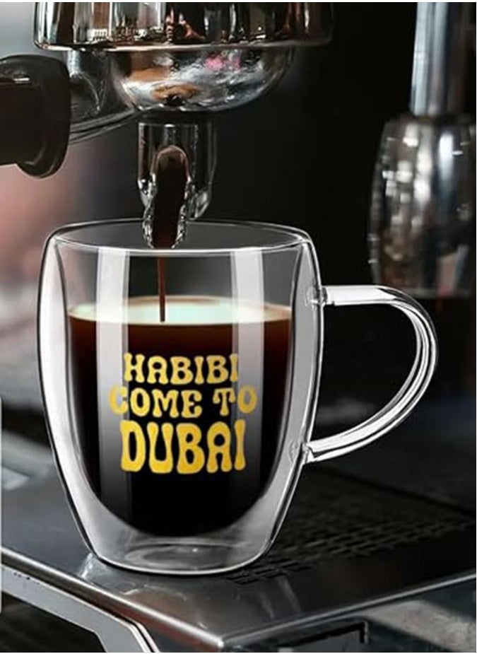 Borosilicate Double Wall Habibi Come to Dubai Printed Glass Cup with Handle and Straw 350 ML (Set of 2)