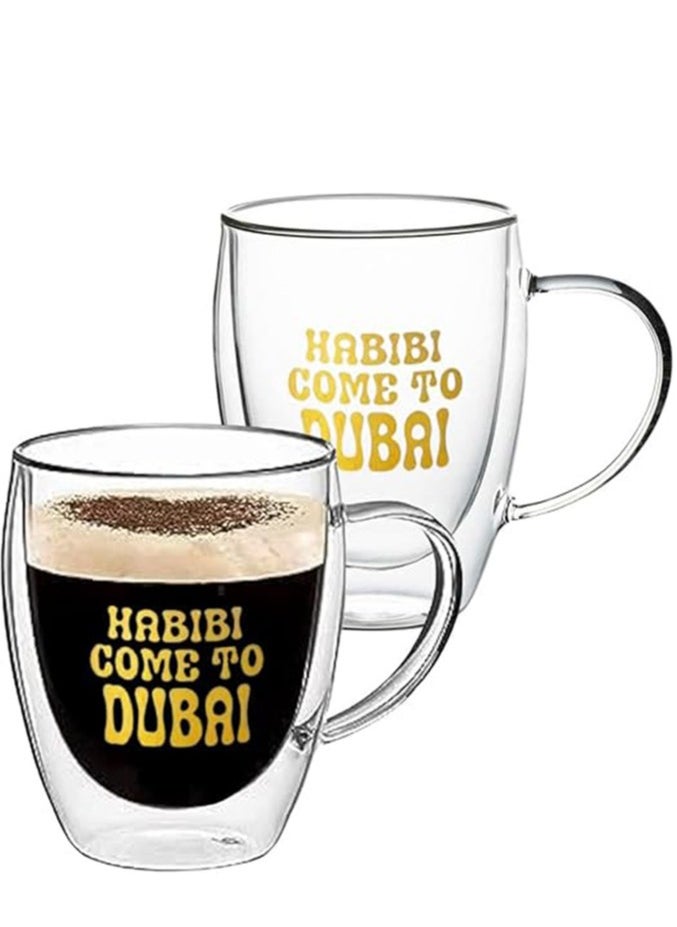 Borosilicate Double Wall Habibi Come to Dubai Printed Glass Cup with Handle and Straw 350 ML (Set of 2)