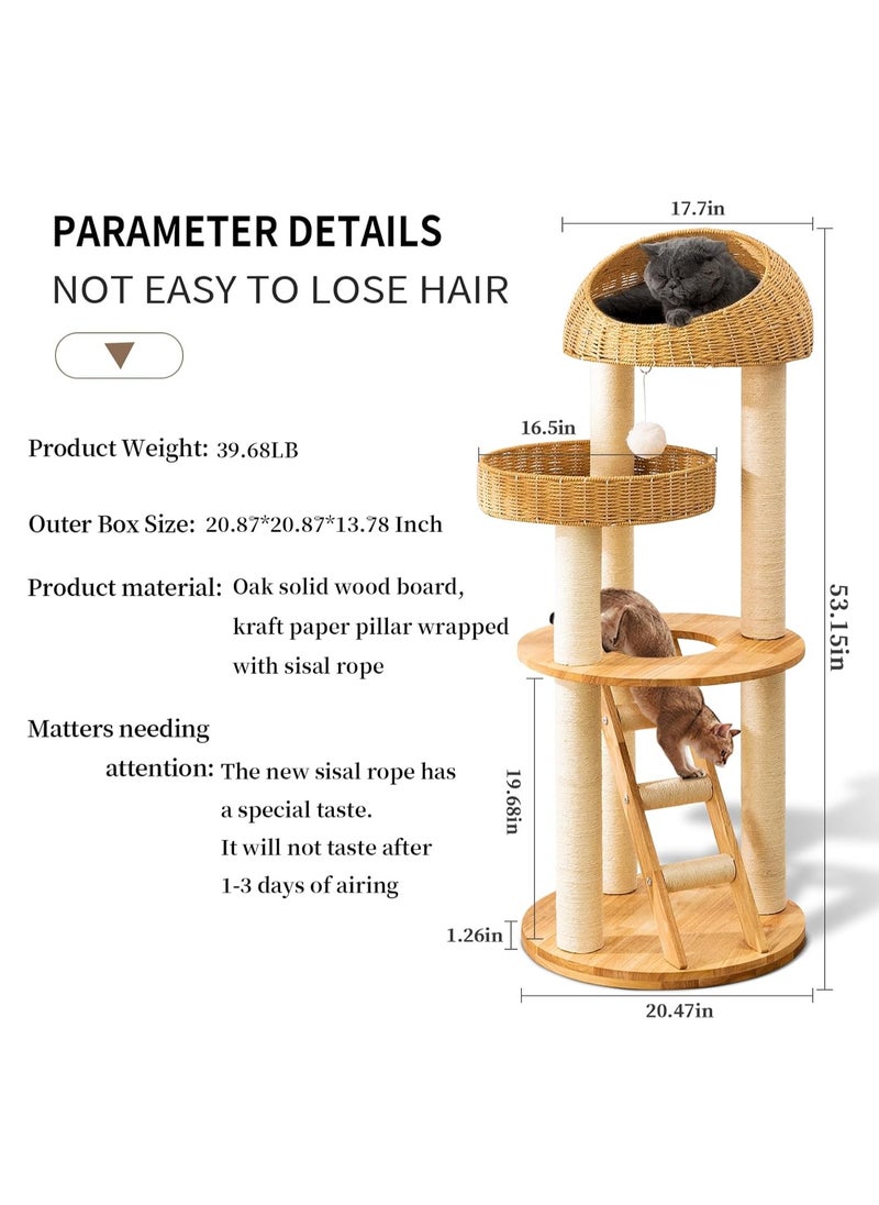 Modern Cat Tree Tower for Indoor Cats  Solid Oak Cat Scratching Tree for Multiple Large Cats Manual Hand Woven Luxury Cat Condo, Unique High-end Design Cat Furniture Activity Centre, Easy Clean