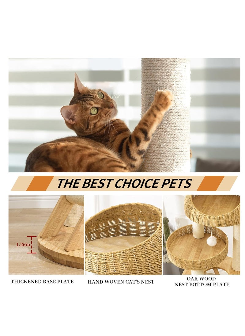 Modern Cat Tree Tower for Indoor Cats  Solid Oak Cat Scratching Tree for Multiple Large Cats Manual Hand Woven Luxury Cat Condo, Unique High-end Design Cat Furniture Activity Centre, Easy Clean