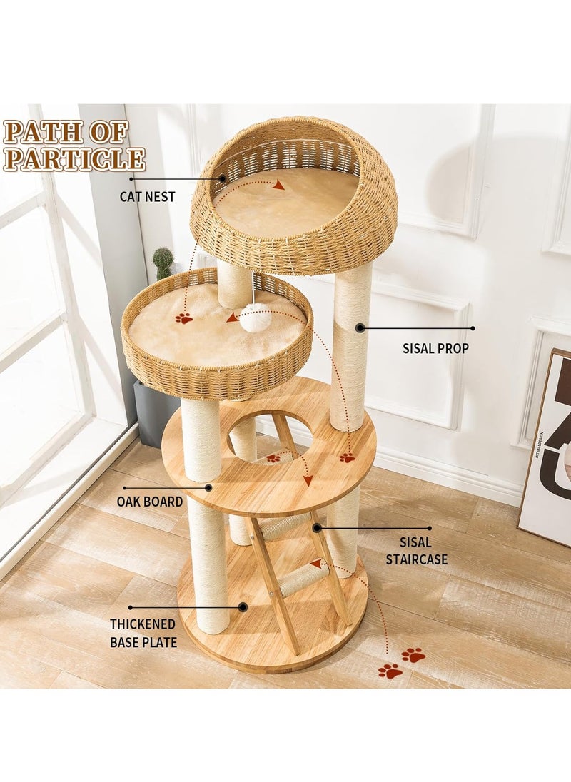Modern Cat Tree Tower for Indoor Cats  Solid Oak Cat Scratching Tree for Multiple Large Cats Manual Hand Woven Luxury Cat Condo, Unique High-end Design Cat Furniture Activity Centre, Easy Clean