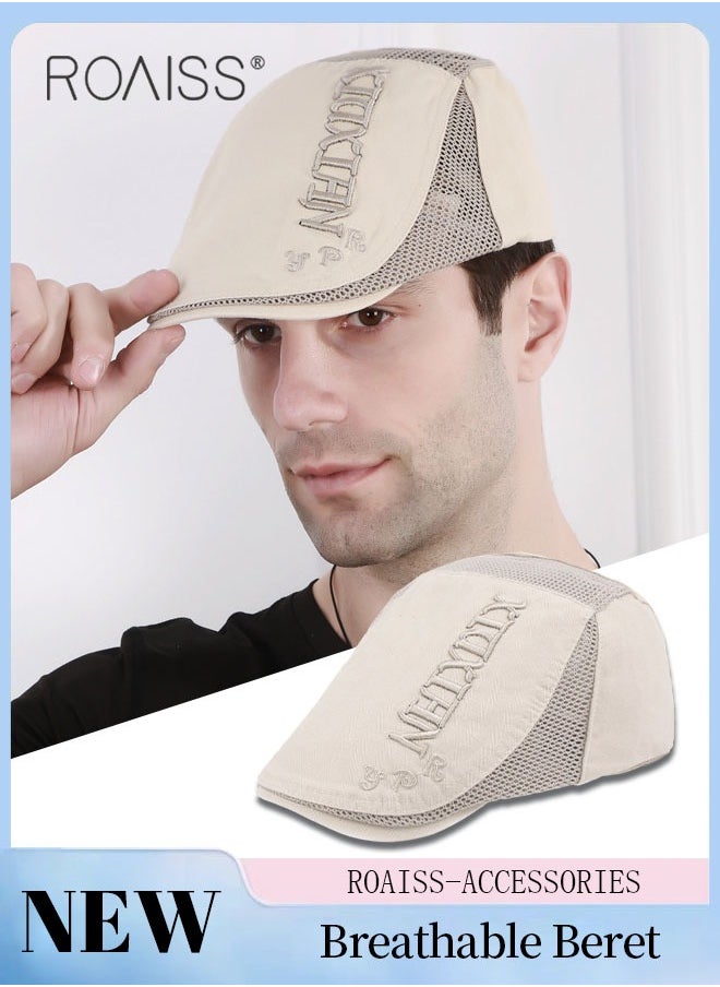 Adjustable Newsboy Cap for Men Vintage Beret Flat Cap Breathable Mesh Hat Mens Summer Cotton Hat Golf Fishing Hat (Beige, One Size)