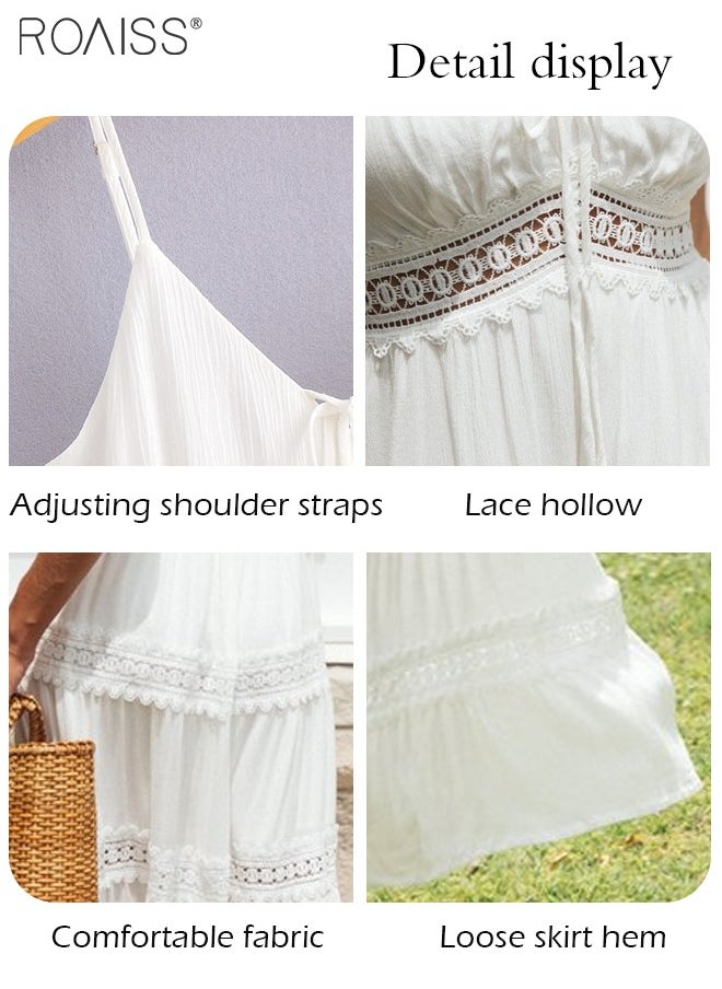 Fashion Versatile Suspender  V-Neck  Sleveeless  Solid Dress for Women's Daily Commuting and Vacation Bohemian Hollow Large Skirt Adjustable Shoulder Strap  High-Rise Dress