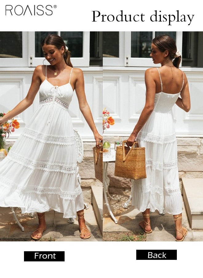 Fashion Versatile Suspender  V-Neck  Sleveeless  Solid Dress for Women's Daily Commuting and Vacation Bohemian Hollow Large Skirt Adjustable Shoulder Strap  High-Rise Dress