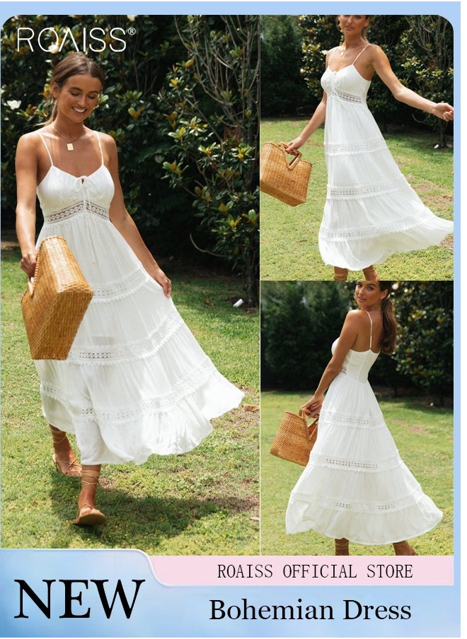 Fashion Versatile Suspender  V-Neck  Sleveeless  Solid Dress for Women's Daily Commuting and Vacation Bohemian Hollow Large Skirt Adjustable Shoulder Strap  High-Rise Dress