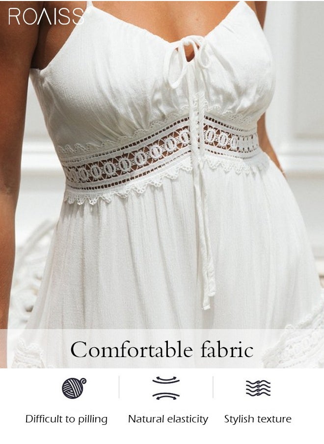 Fashion Versatile Suspender  V-Neck  Sleveeless  Solid Dress for Women's Daily Commuting and Vacation Bohemian Hollow Large Skirt Adjustable Shoulder Strap  High-Rise Dress