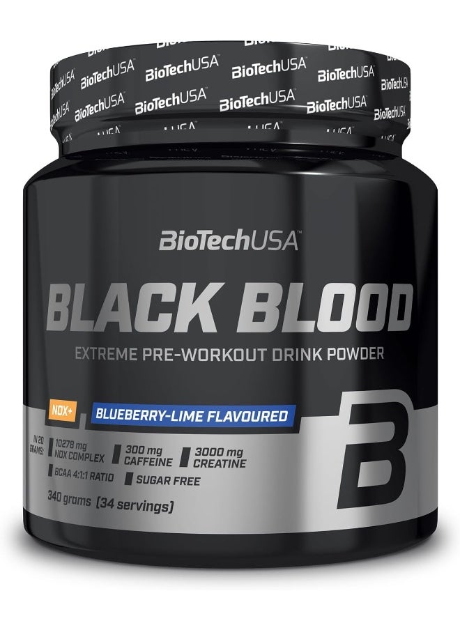BioTechUSA Black Blood NOX+ | Pre-Workout Formula | with Caffeine, Creatine, Tyrosine | Sugar-Free | 340 g | Blueberry-Lime
