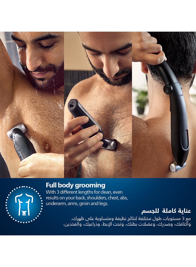 Bodygroom BG5021/15,Showerproof Groin & Body Trimmer,Body Shaver, 3-Length Combs,60min Cordless, Skin Protection, Back Reach Attachment Black/Grey