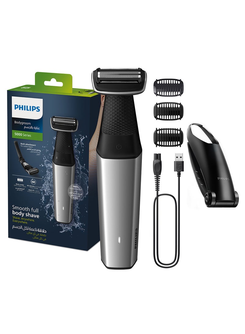 Bodygroom BG5021/15,Showerproof Groin & Body Trimmer,Body Shaver, 3-Length Combs,60min Cordless, Skin Protection, Back Reach Attachment Black/Grey
