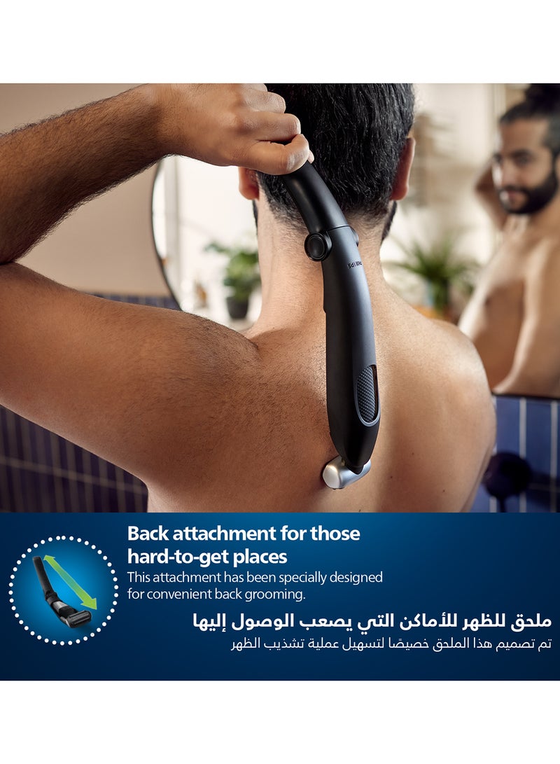 Bodygroom BG5021/15,Showerproof Groin & Body Trimmer,Body Shaver, 3-Length Combs,60min Cordless, Skin Protection, Back Reach Attachment Black/Grey