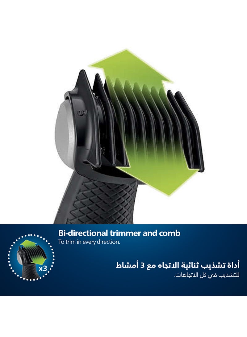 Bodygroom BG5021/15,Showerproof Groin & Body Trimmer,Body Shaver, 3-Length Combs,60min Cordless, Skin Protection, Back Reach Attachment Black/Grey