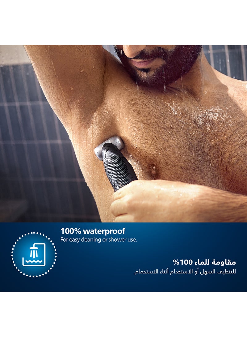 Bodygroom BG5021/15,Showerproof Groin & Body Trimmer,Body Shaver, 3-Length Combs,60min Cordless, Skin Protection, Back Reach Attachment Black/Grey
