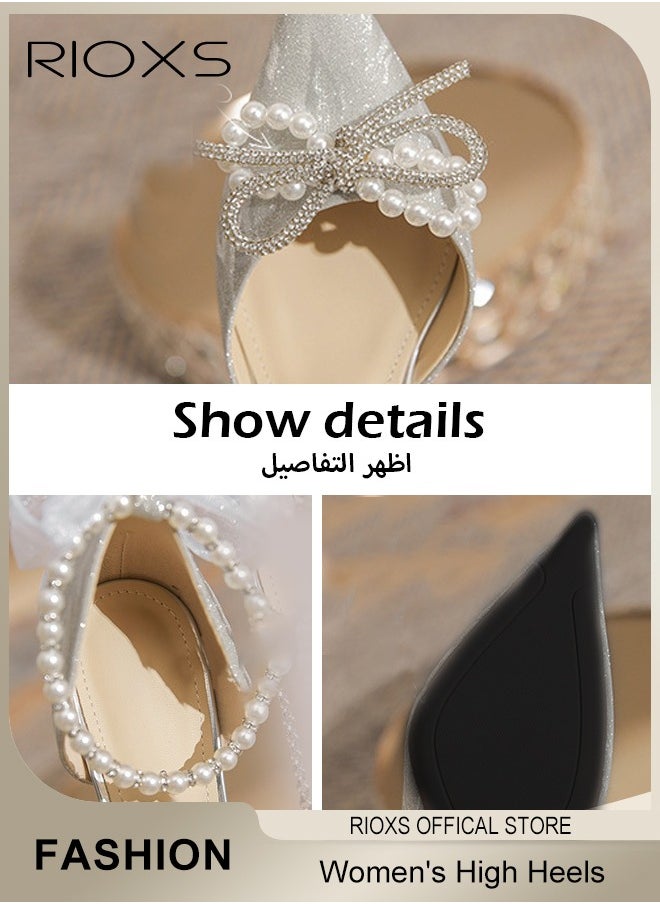 Women's Heeled Shoe, Fashion Rhinestones High Heels, Ladies Slingback Ankle Strap Stiletto Pumps Shoes, Pointed Closed Toe Heels Shoes, Chunky High Heel Pump For Wedding Party