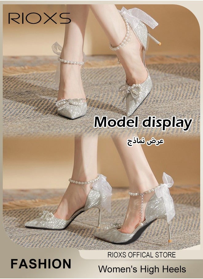 Women's Heeled Shoe, Fashion Rhinestones High Heels, Ladies Slingback Ankle Strap Stiletto Pumps Shoes, Pointed Closed Toe Heels Shoes, Chunky High Heel Pump For Wedding Party