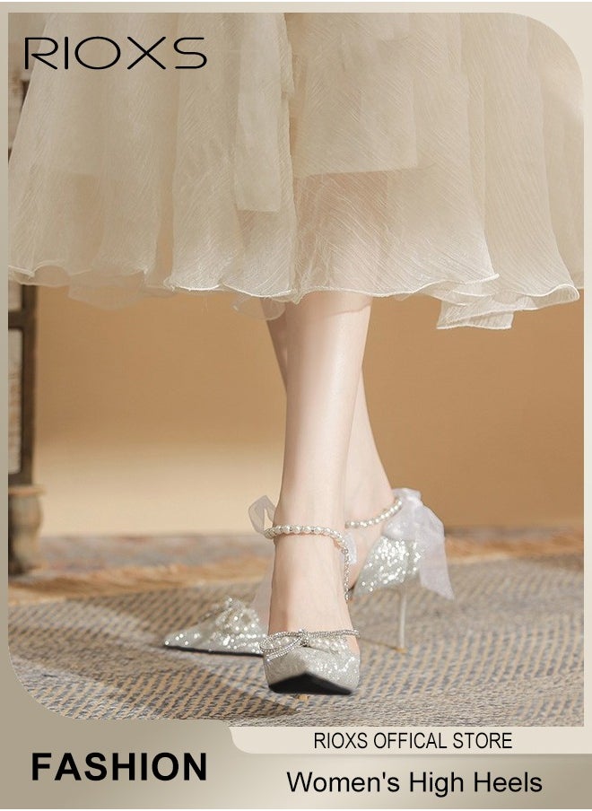 Women's Heeled Shoe, Fashion Rhinestones High Heels, Ladies Slingback Ankle Strap Stiletto Pumps Shoes, Pointed Closed Toe Heels Shoes, Chunky High Heel Pump For Wedding Party