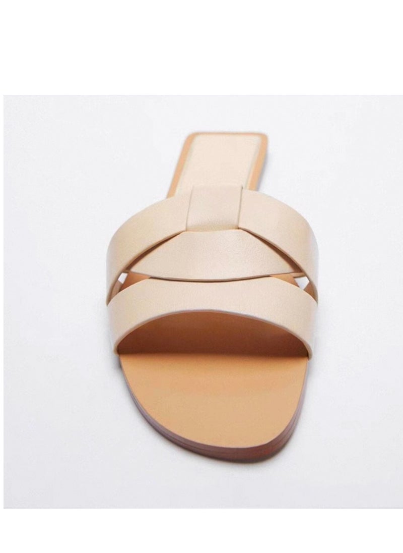 Women Flat Sandals Stone Pattern Beige with Cross Straps