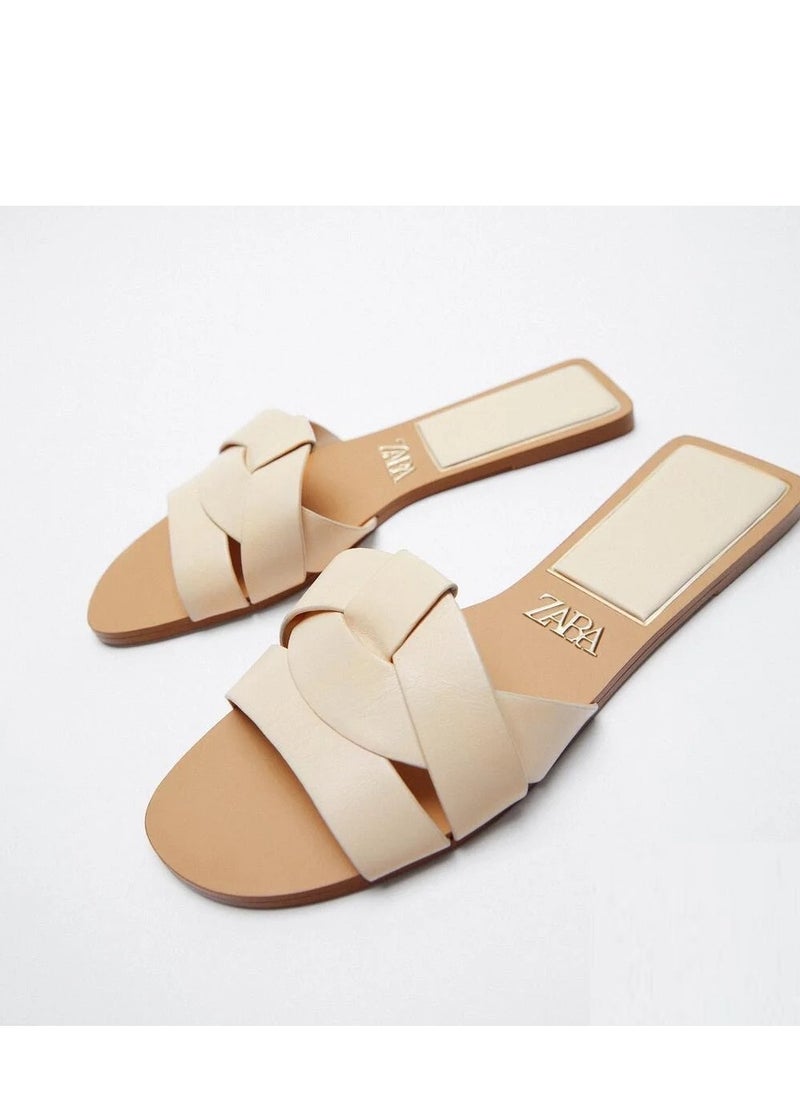 Women Flat Sandals Stone Pattern Beige with Cross Straps