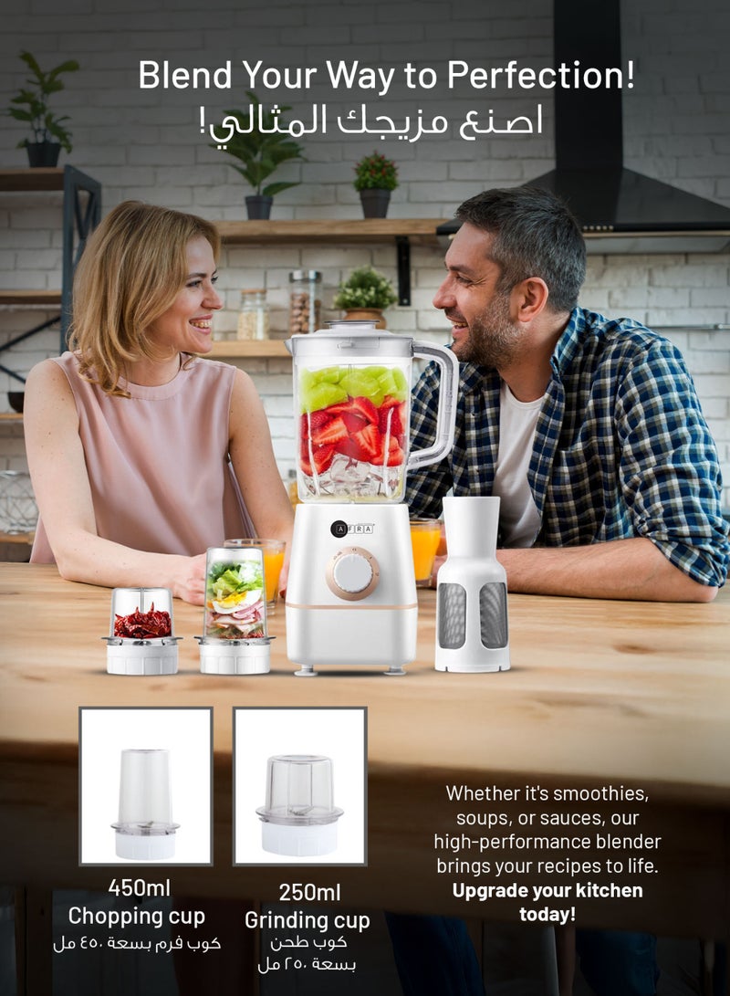 3-In-1 Blender with Stainless Steel Blades, Chopping & Grinding Mill, Filter & Strainer | 2-Speed with Pulse Function, Overheat Protection, Powerful 100% Copper Motor | BPA-Free 1.5L Liquid Jar | 2-Year Warranty 1.5 L 400 W AF-0400BLWT white
