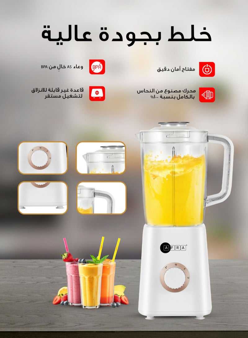 3-In-1 Blender with Stainless Steel Blades, Chopping & Grinding Mill, Filter & Strainer | 2-Speed with Pulse Function, Overheat Protection, Powerful 100% Copper Motor | BPA-Free 1.5L Liquid Jar | 2-Year Warranty 1.5 L 400 W AF-0400BLWT white