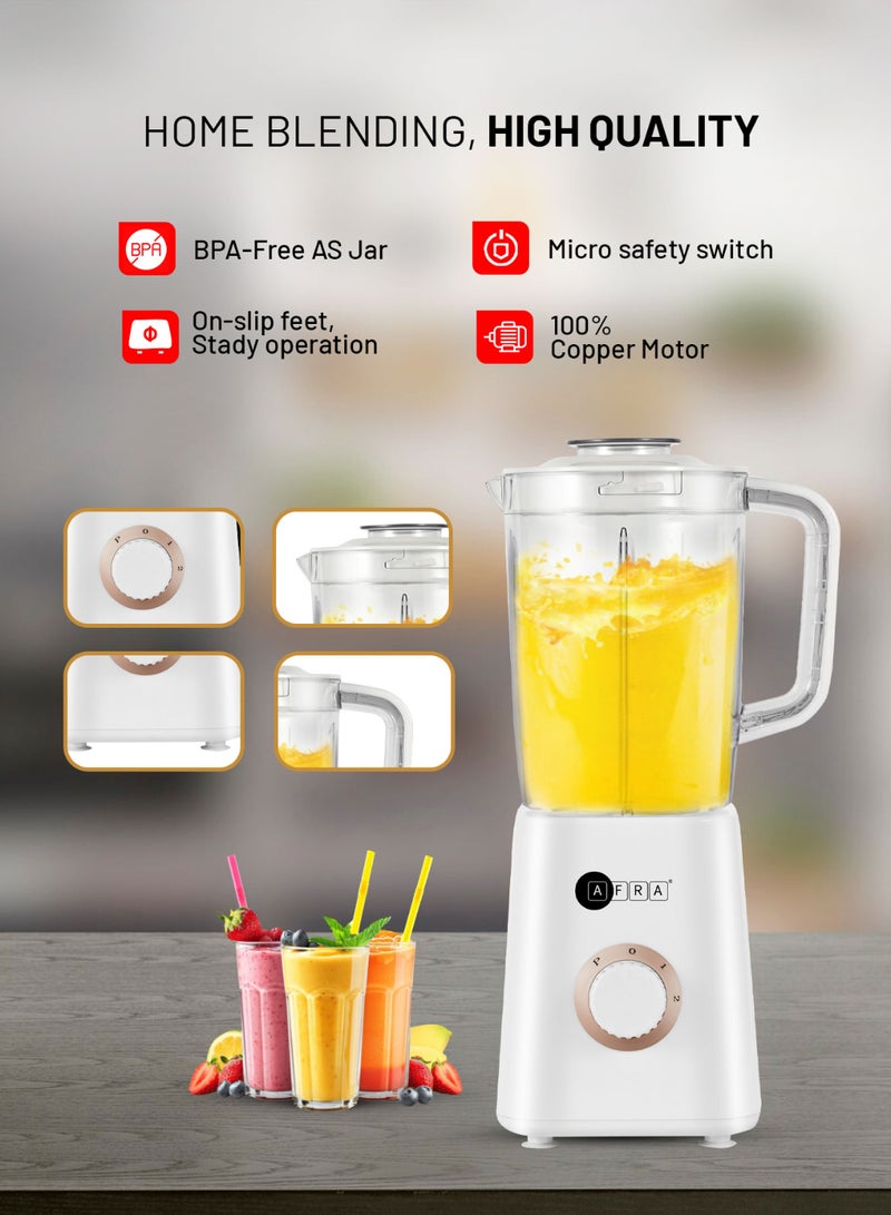 3-In-1 Blender with Stainless Steel Blades, Chopping & Grinding Mill, Filter & Strainer | 2-Speed with Pulse Function, Overheat Protection, Powerful 100% Copper Motor | BPA-Free 1.5L Liquid Jar | 2-Year Warranty 1.5 L 400 W AF-0400BLWT white