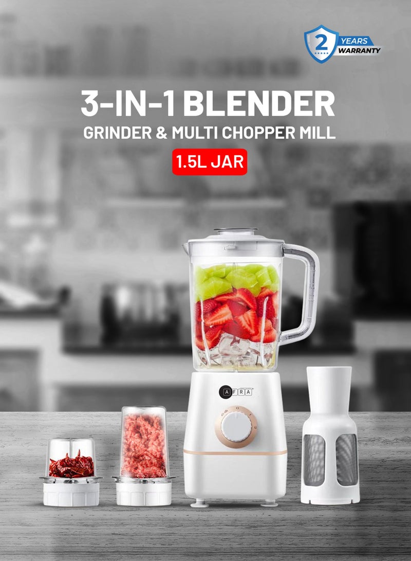3-In-1 Blender with Stainless Steel Blades, Chopping & Grinding Mill, Filter & Strainer | 2-Speed with Pulse Function, Overheat Protection, Powerful 100% Copper Motor | BPA-Free 1.5L Liquid Jar | 2-Year Warranty 1.5 L 400 W AF-0400BLWT white
