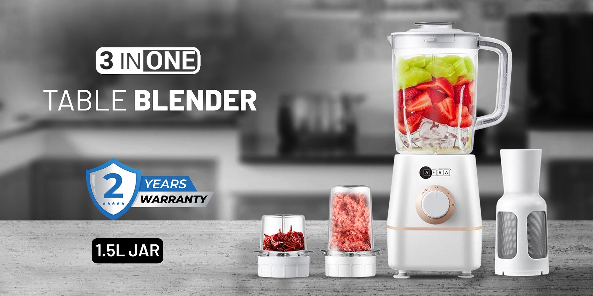 3-In-1 Blender with Stainless Steel Blades, Chopping & Grinding Mill, Filter & Strainer | 2-Speed with Pulse Function, Overheat Protection, Powerful 100% Copper Motor | BPA-Free 1.5L Liquid Jar | 2-Year Warranty 1.5 L 400 W AF-0400BLWT white
