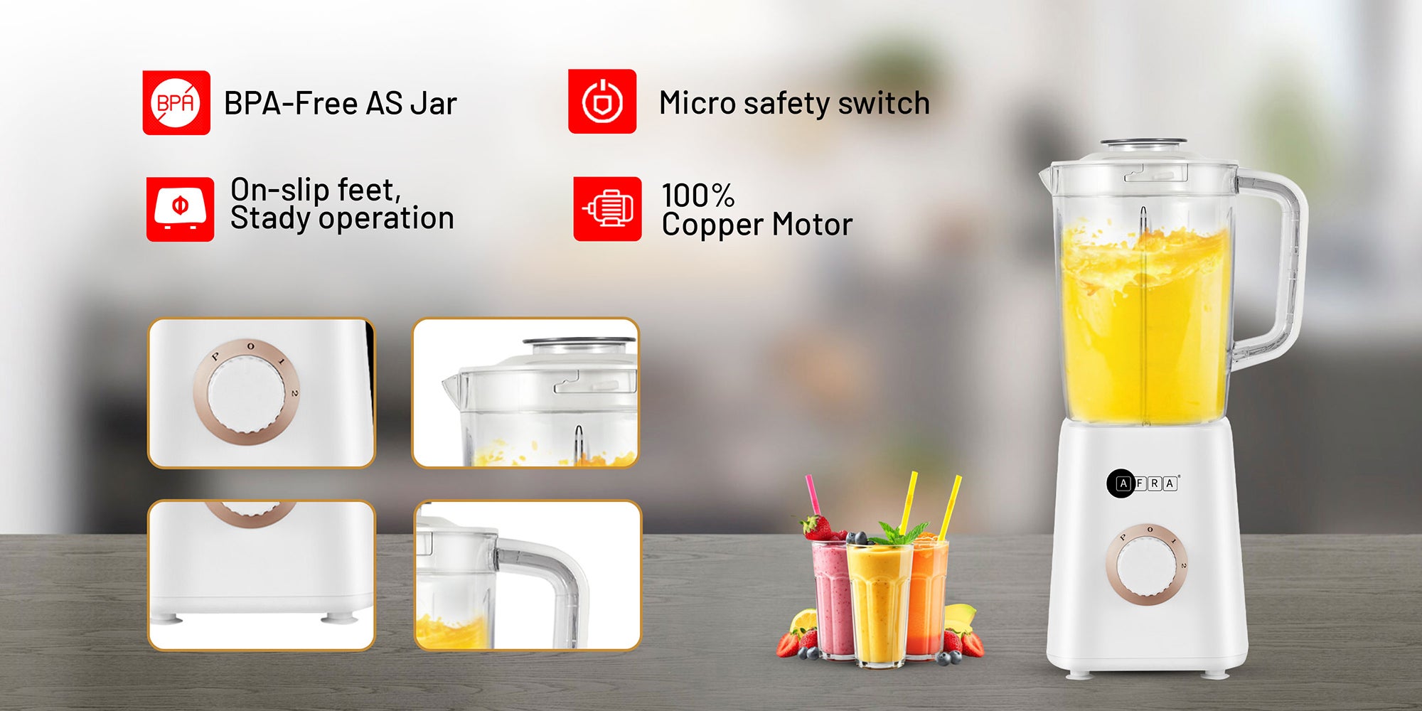 3-In-1 Blender with Stainless Steel Blades, Chopping & Grinding Mill, Filter & Strainer | 2-Speed with Pulse Function, Overheat Protection, Powerful 100% Copper Motor | BPA-Free 1.5L Liquid Jar | 2-Year Warranty 1.5 L 400 W AF-0400BLWT white