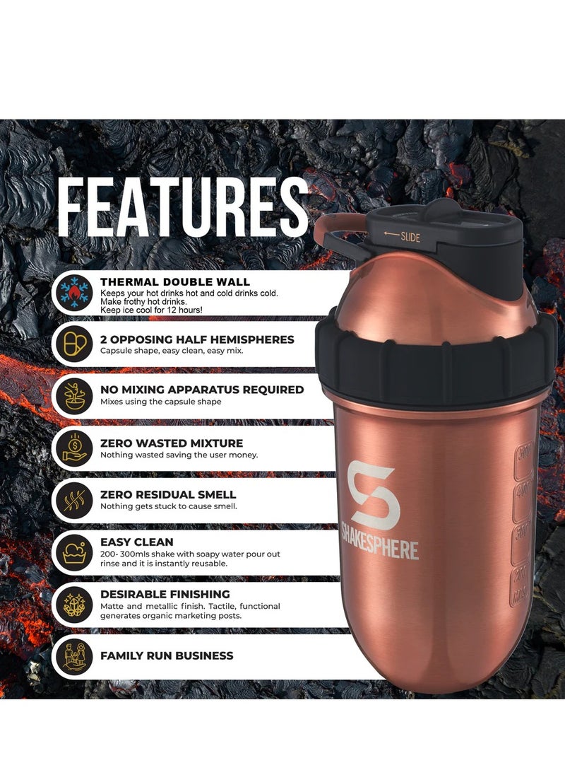 Protein Shaker Bottle 700ml - ShakeSphere Tumbler Double Wall Steel Copper