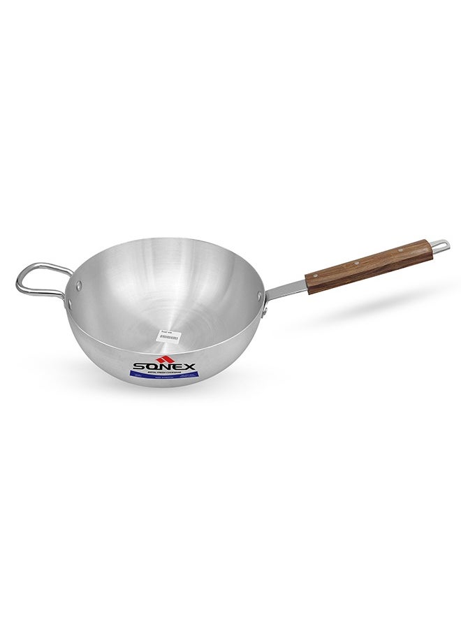 SONEX Royal Wok – 28 cm, 4.5L Aluminium Wok with Metal Finish, Dual Handles & Natural Wooden Grip, Hanging Loop – Durable & Ergonomic, Even Heat Distribution, Ideal for Stir-Frying & Deep-Frying