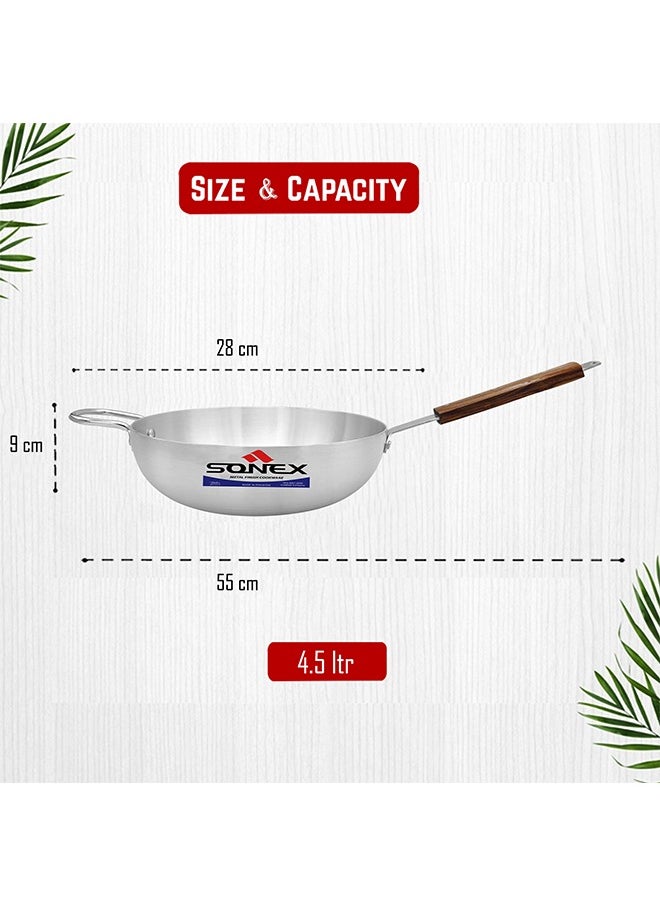 SONEX Royal Wok – 28 cm, 4.5L Aluminium Wok with Metal Finish, Dual Handles & Natural Wooden Grip, Hanging Loop – Durable & Ergonomic, Even Heat Distribution, Ideal for Stir-Frying & Deep-Frying