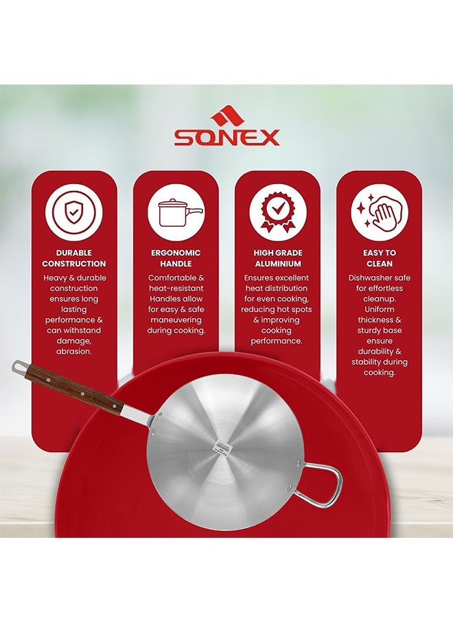 SONEX Royal Wok – 28 cm, 4.5L Aluminium Wok with Metal Finish, Dual Handles & Natural Wooden Grip, Hanging Loop – Durable & Ergonomic, Even Heat Distribution, Ideal for Stir-Frying & Deep-Frying