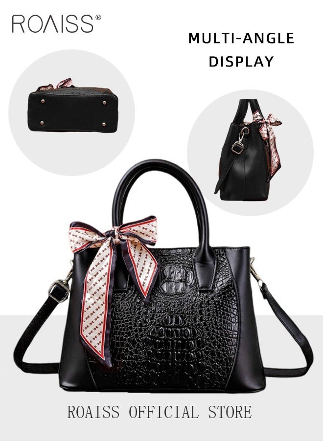 Crocodile Pattern Handbag for Women with Silk Scarf Fashion Large Capacity Shoulder Bag Nonslip Wear Resistant Crossbody Bag Suitable for Birthday Gifts or Ramadan