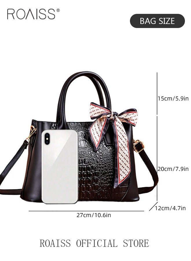 Crocodile Pattern Handbag for Women with Silk Scarf Fashion Large Capacity Shoulder Bag Nonslip Wear Resistant Crossbody Bag Suitable for Birthday Gifts or Ramadan