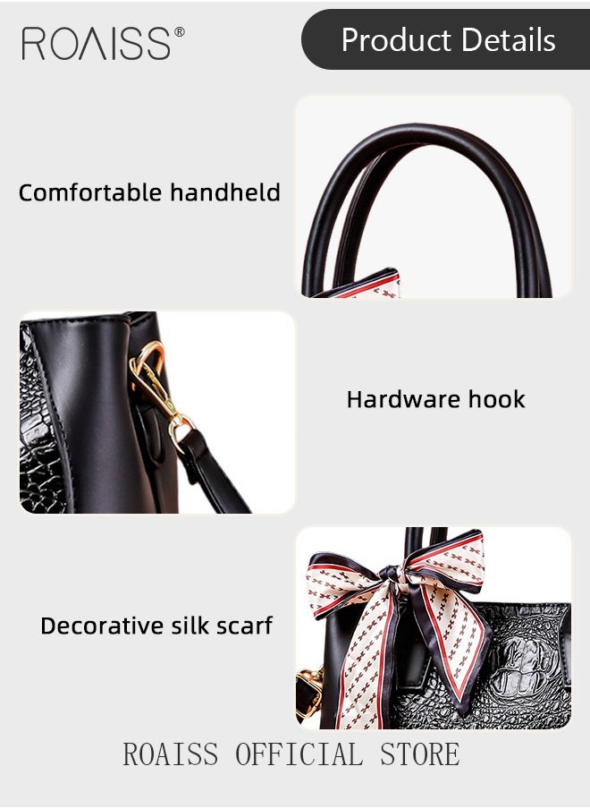 Crocodile Pattern Handbag for Women with Silk Scarf Fashion Large Capacity Shoulder Bag Nonslip Wear Resistant Crossbody Bag Suitable for Birthday Gifts or Ramadan