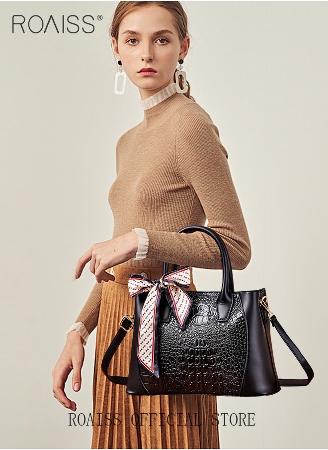 Crocodile Pattern Handbag for Women with Silk Scarf Fashion Large Capacity Shoulder Bag Nonslip Wear Resistant Crossbody Bag Suitable for Birthday Gifts or Ramadan