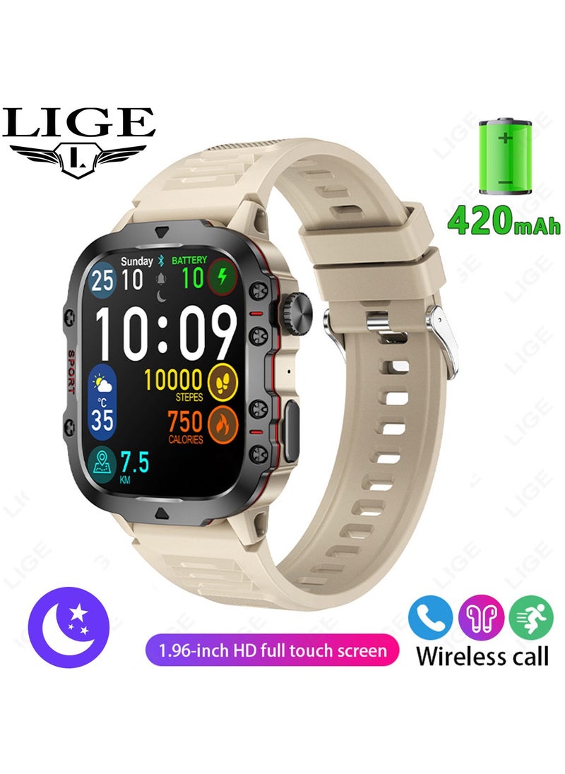 LIGE 1.96 HD Screen 420 mAh Sports Smart Watch Men Waterproof Bluetooth Calling Health Monitoring 100+ Sports Mode Men Smart Watches Silicone White