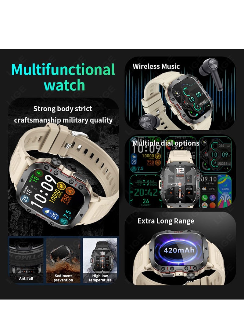 LIGE 1.96 HD Screen 420 mAh Sports Smart Watch Men Waterproof Bluetooth Calling Health Monitoring 100+ Sports Mode Men Smart Watches Silicone White