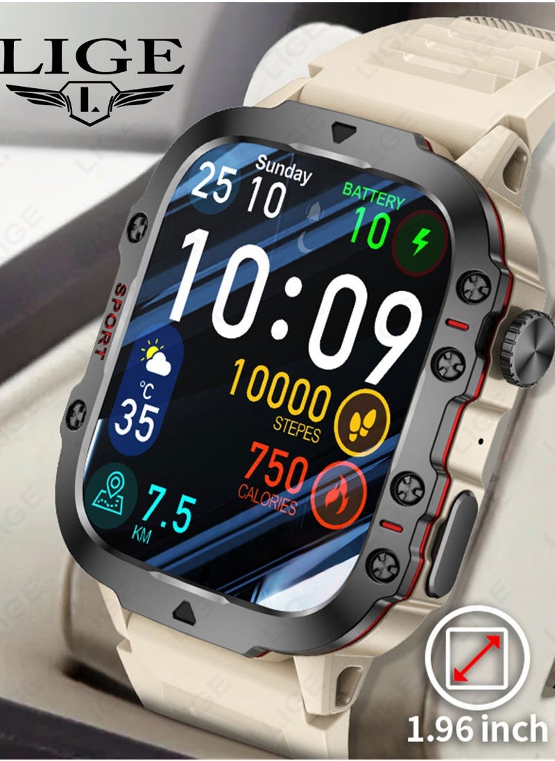LIGE 1.96 HD Screen 420 mAh Sports Smart Watch Men Waterproof Bluetooth Calling Health Monitoring 100+ Sports Mode Men Smart Watches Silicone White