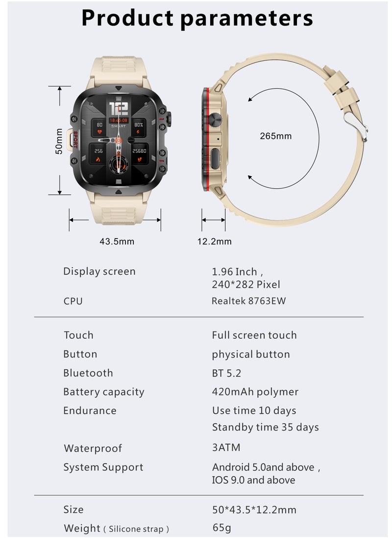 LIGE 1.96 HD Screen 420 mAh Sports Smart Watch Men Waterproof Bluetooth Calling Health Monitoring 100+ Sports Mode Men Smart Watches Silicone White