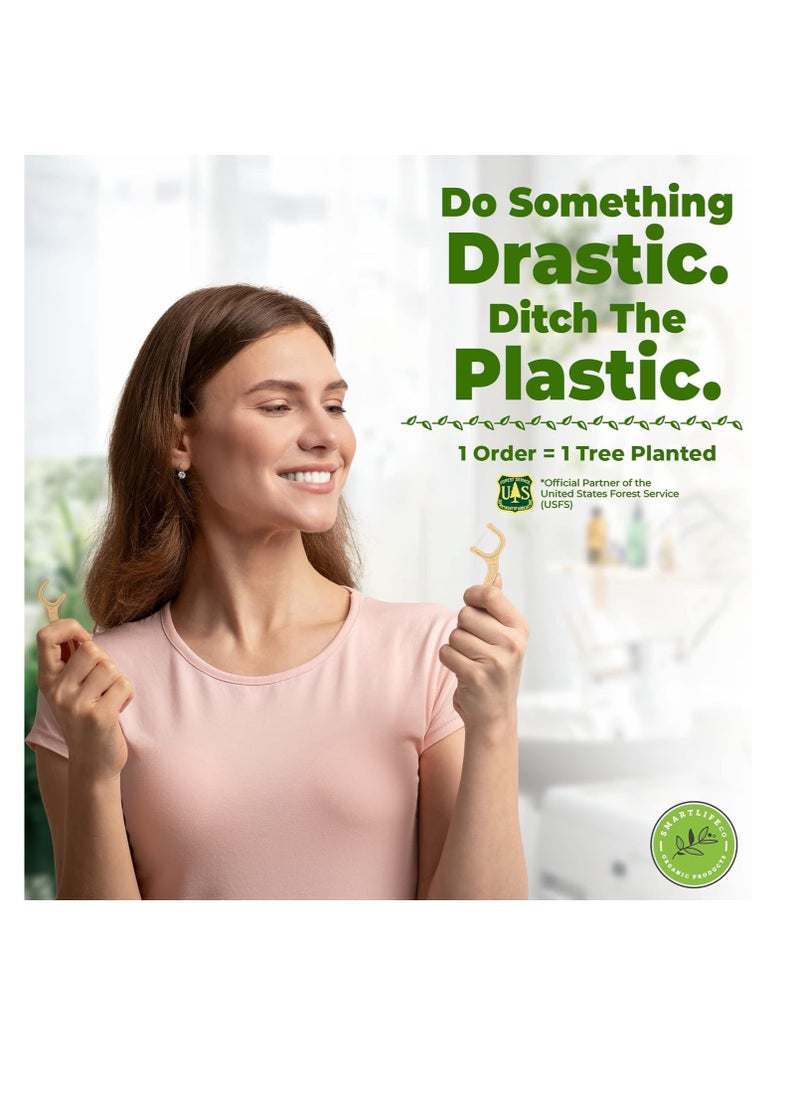 SMARTLIFECO Biodegradable Dental Floss Picks - Natural Plastic Free Tooth Flosser for Adults & Kids | Eco-Friendly Unwaxed Floss | Organic Toothpick Stick Soft On Gum & Teeth | Vegan, Unflavored 100ct - Packaging may vary
