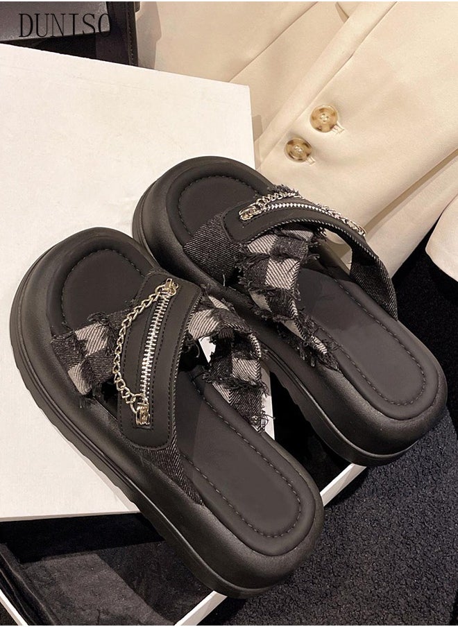 Women's Summer Walking Sandals Air Cushion Support Platform Open Tole Slippers Comfortable Casual Wedge Sandals with Non-slip Soles Thick Sole Beach Slippers Indoor and Out Door