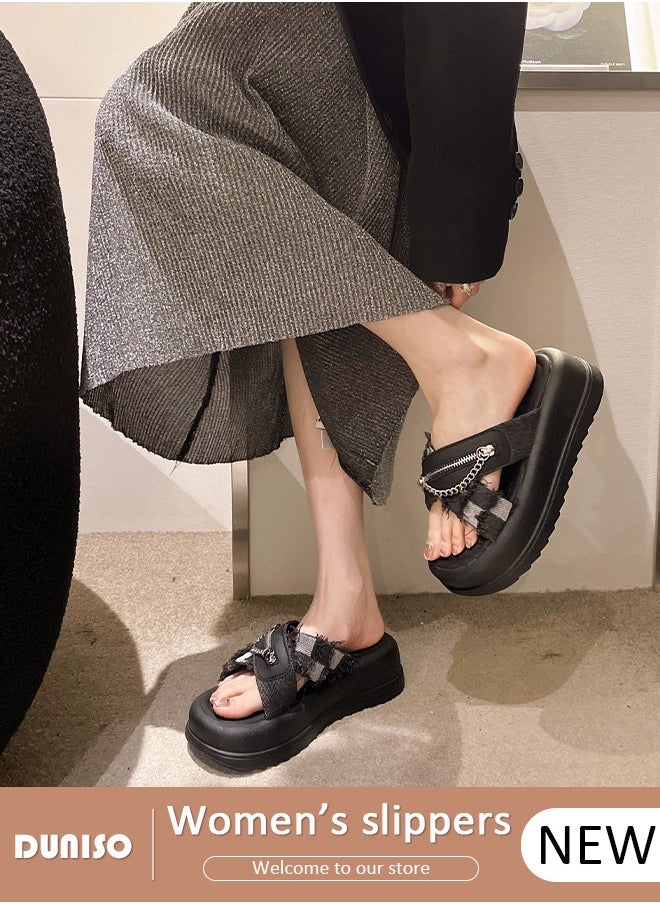 Women's Summer Walking Sandals Air Cushion Support Platform Open Tole Slippers Comfortable Casual Wedge Sandals with Non-slip Soles Thick Sole Beach Slippers Indoor and Out Door