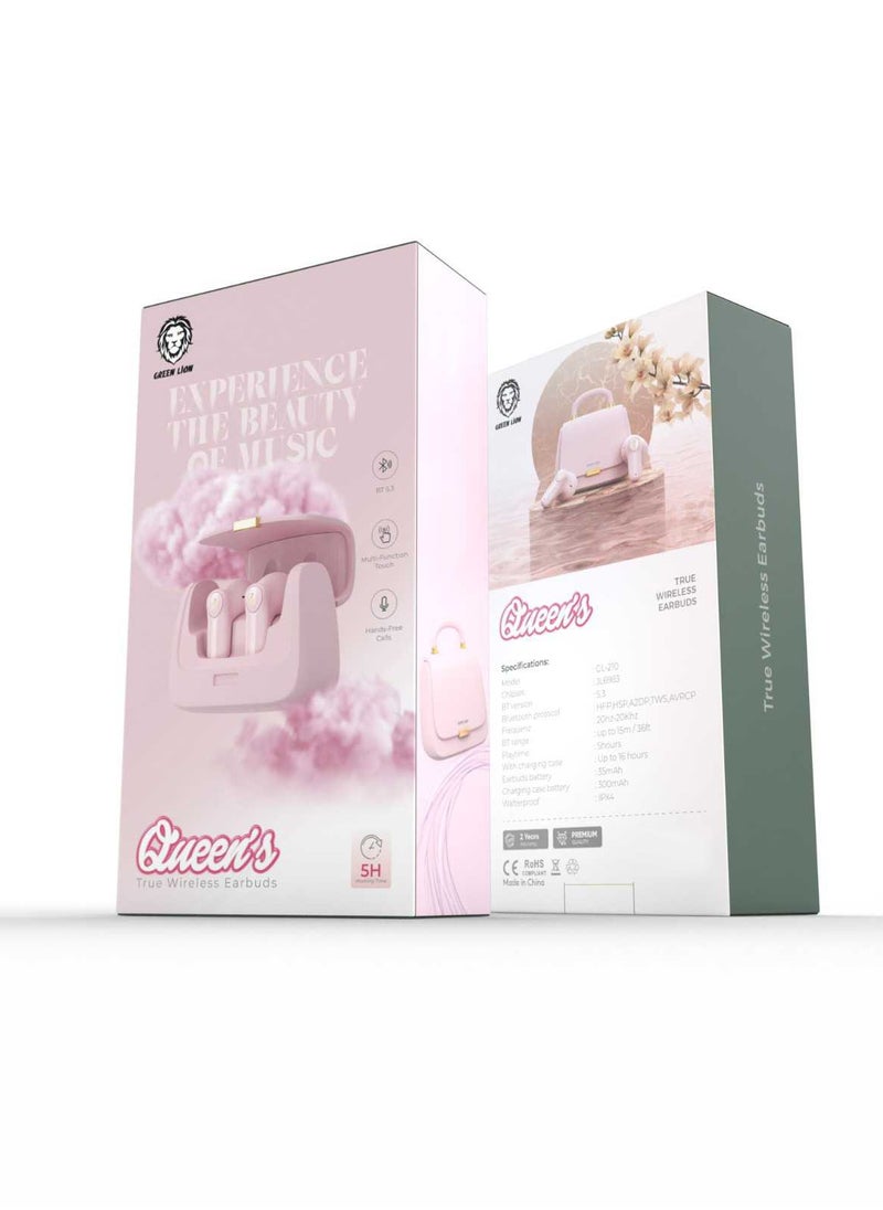Queen's True Wireless Earbuds / Up To 15m Bluetooth Range / 5 Hours Play Time / Hand-Free Calls / Multi Touch - Light Pink