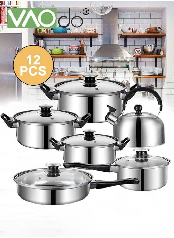 12PCS Stainless Steel pots and pans Kitchen Cookware Set Works with Induction Electric and Gas Cooktops Dishwasher Pots and Pans Kitchen Cooking Set with Stay-Cool Handles