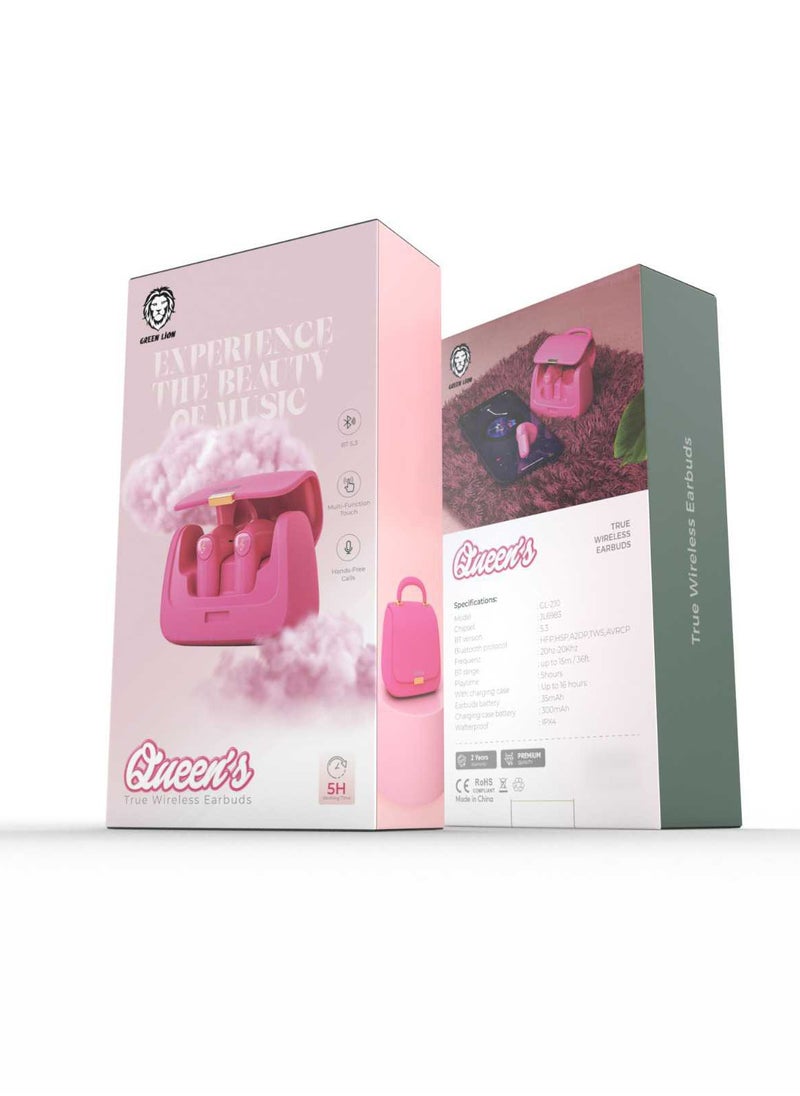 Queen's True Wireless Earbuds / Up To 15m Bluetooth Range / 5 Hours Play Time / Hand-Free Calls / Multi Touch - Pink